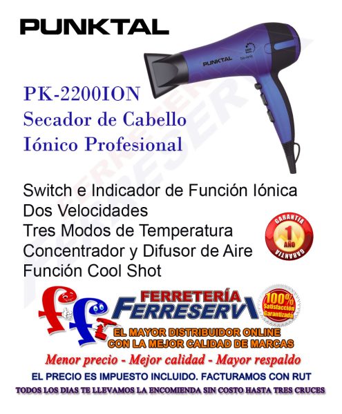 Secador De Pelo Punktal 2200w Profesional Pk-2200ion - Imagen 2