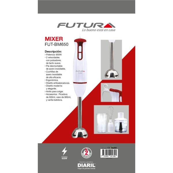 Mixer Futura Fut-bm650 650w Blanco 2 Velocidades Con Batidor Picador Y Vaso - Imagen 4