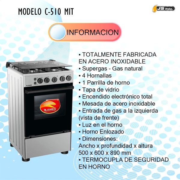 Cocina Gas James C 510 Mit 4 Hornallas Termocupla Seguridad Color Plateado - Imagen 2