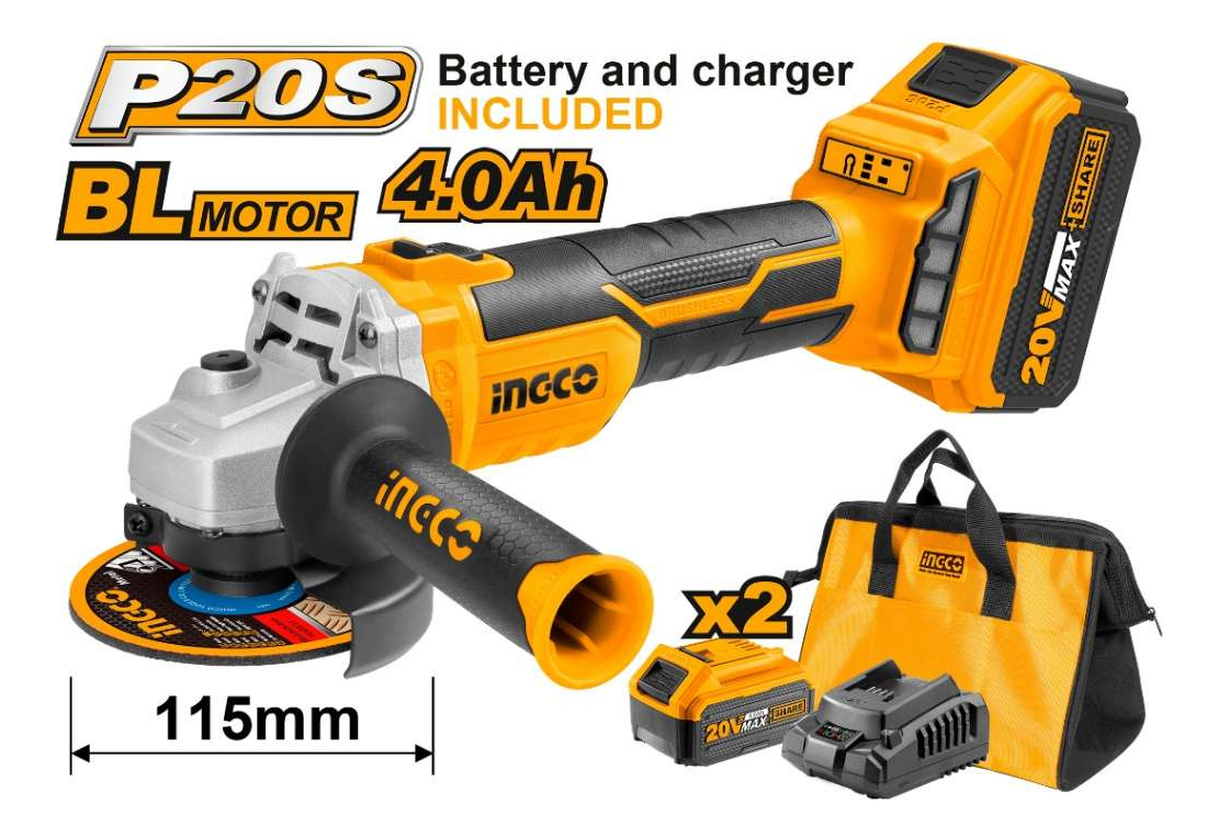 Kit Amoladora 20v 2 Bat 4ah Carg Bolso Ingco Cagli11522