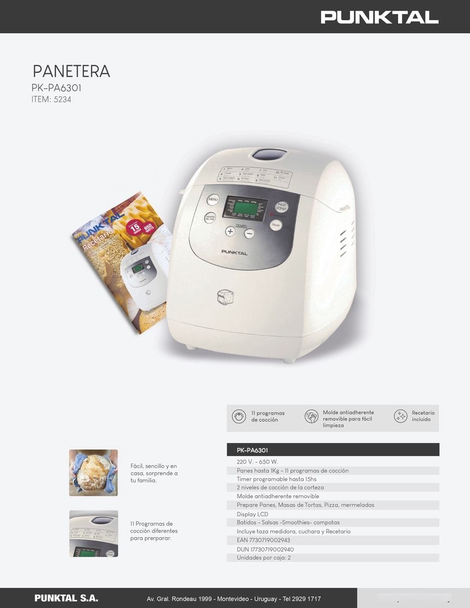 Maquina Panetera 650w C/ Taza Y Recetario Punktal Pa6301 - Imagen 2