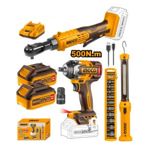 Combo Llave De Impacto 500nm 20v A Bateria + Llave Crique 20v + Linterna + Set Dados Cosli240461 Ingco