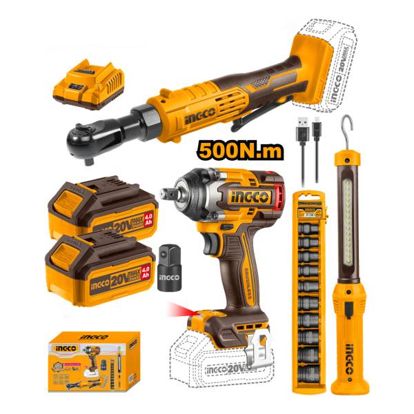Combo Llave De Impacto 500nm 20v A Bateria + Llave Crique 20v + Linterna + Set Dados Cosli240461 Ingco