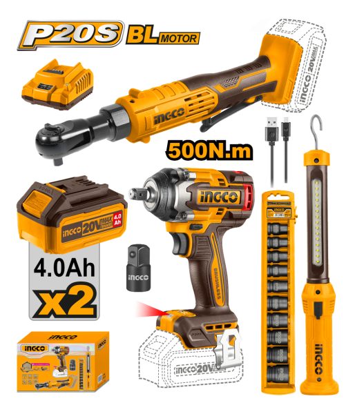 Combo Llave De Impacto 500nm 20v A Bateria + Llave Crique 20v + Linterna + Set Dados Cosli240461 Ingco - Imagen 2