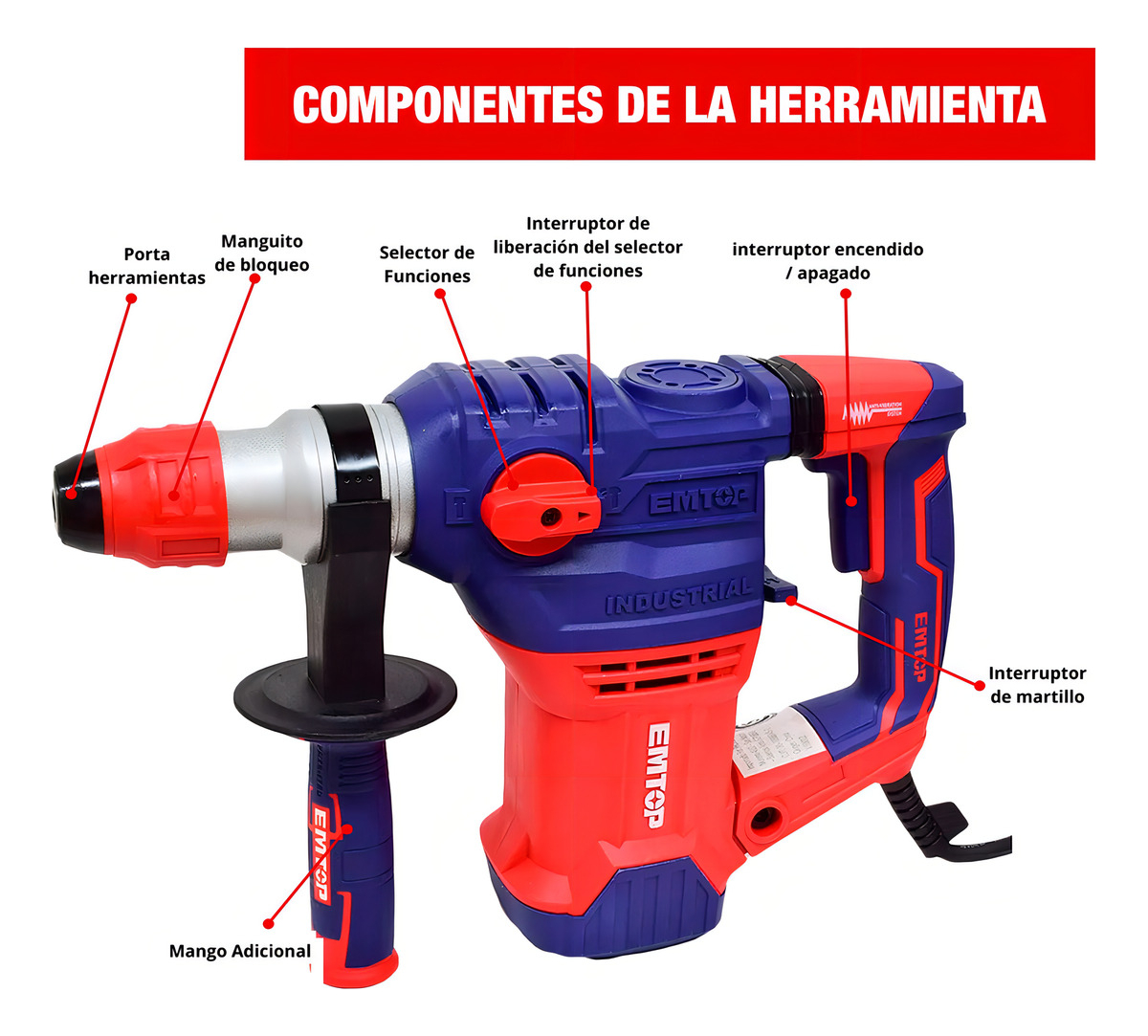 Rotomartillo Sds Plus Emtop Erhrp1502 Industrial 1500w 5.5j - Imagen 2