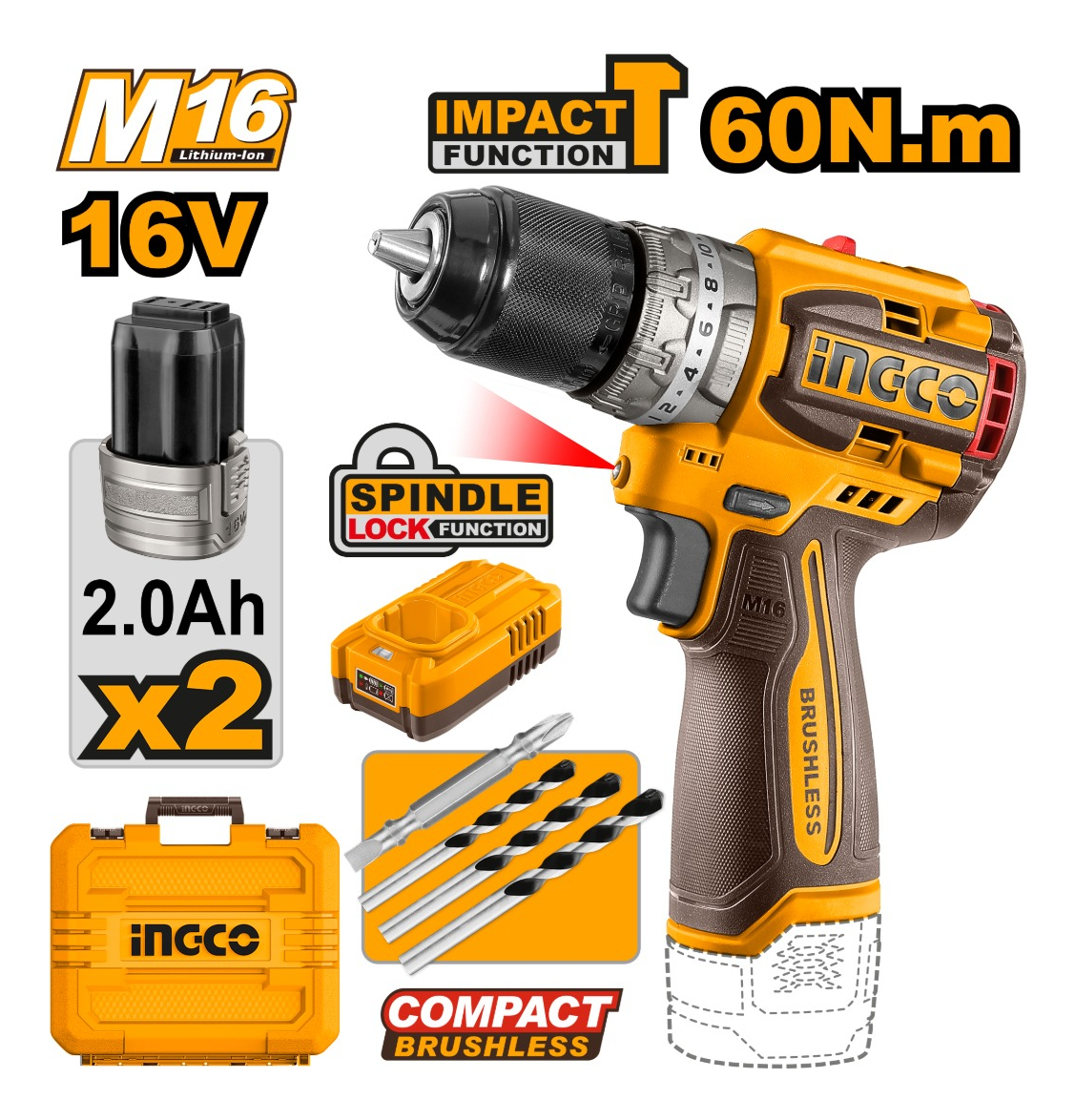 Taladro Atornillador C/percutor 16v M16 60nm Cidli16682 - Imagen 2