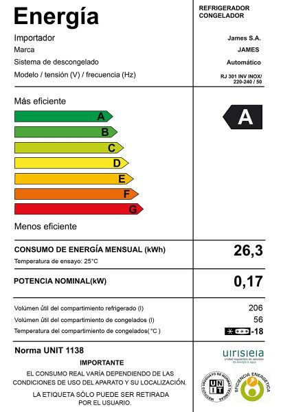 Refrigerador Heladera Modelo Rj 301 Inv Inox James - Imagen 3