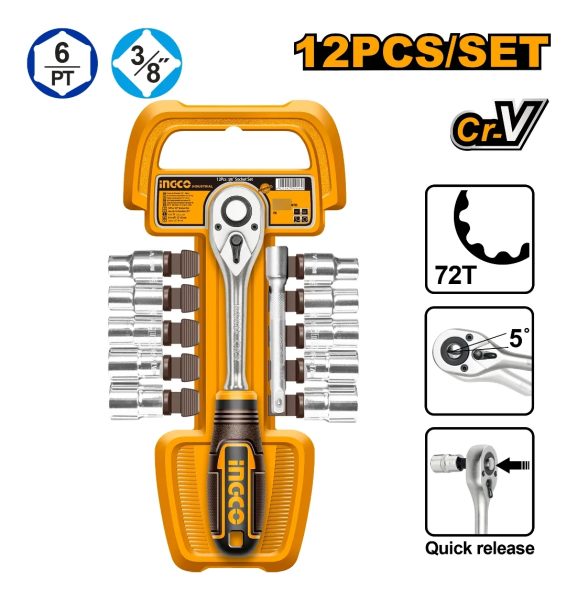 Set 12pcs Crique + Dados Cr-v 3/8 Ingco Hkts38122 - Imagen 2
