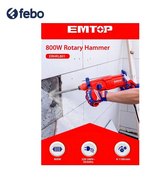 Rotomartillo Emtop 800w 220v 3 Brocas Y 2 Cinceles Febo Color Rojo Con Azul - Imagen 5