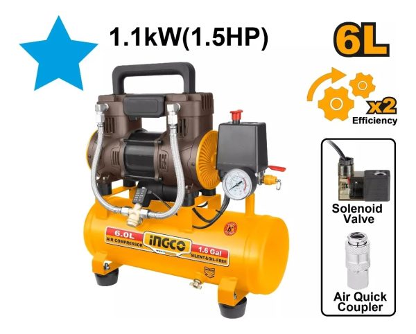 Compresor 6l 1.5hp Libre D Aceite Bajo Ruido Ingco Acs111062 - Imagen 2
