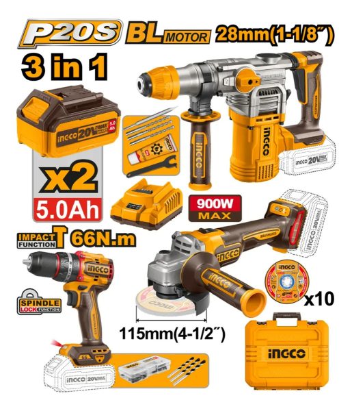 Kit Combo Ingco Taladro + Percutor + Amoladora + Accesorios - Imagen 2