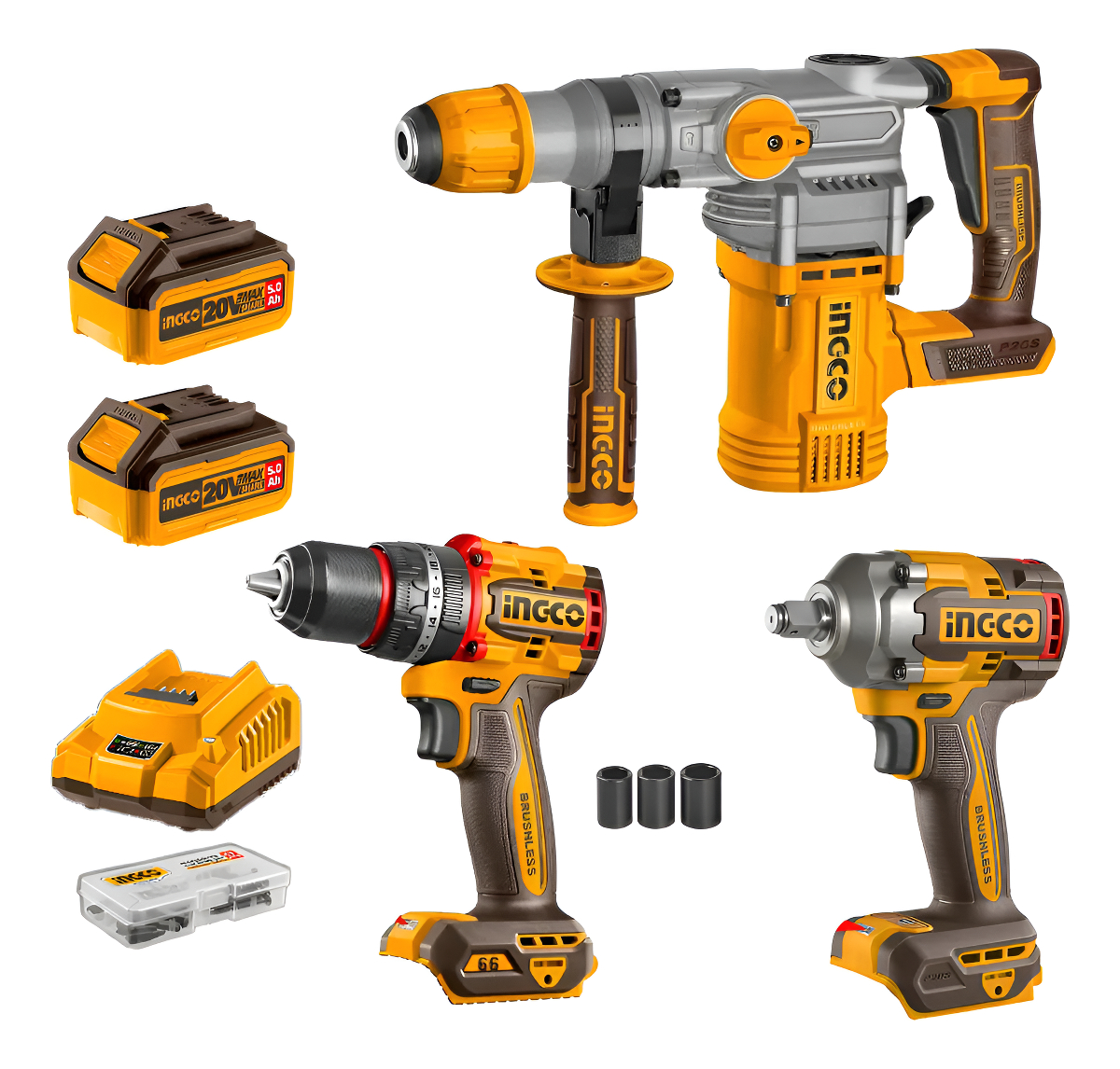 Kit Rotomartillo + Llave De Impacto + Taladro 20v Ingco