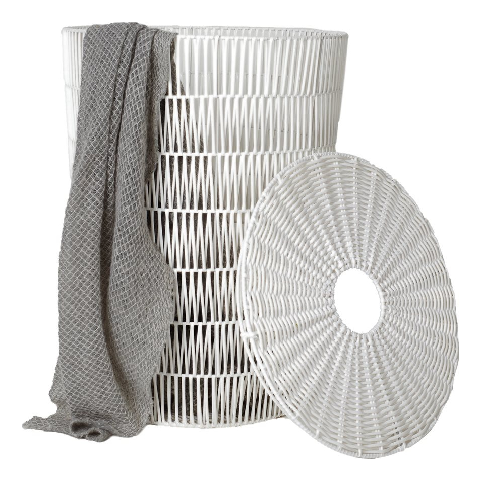 Cesto Canasto C/tapa D42x56cm Plastico Simil Ratan Bco