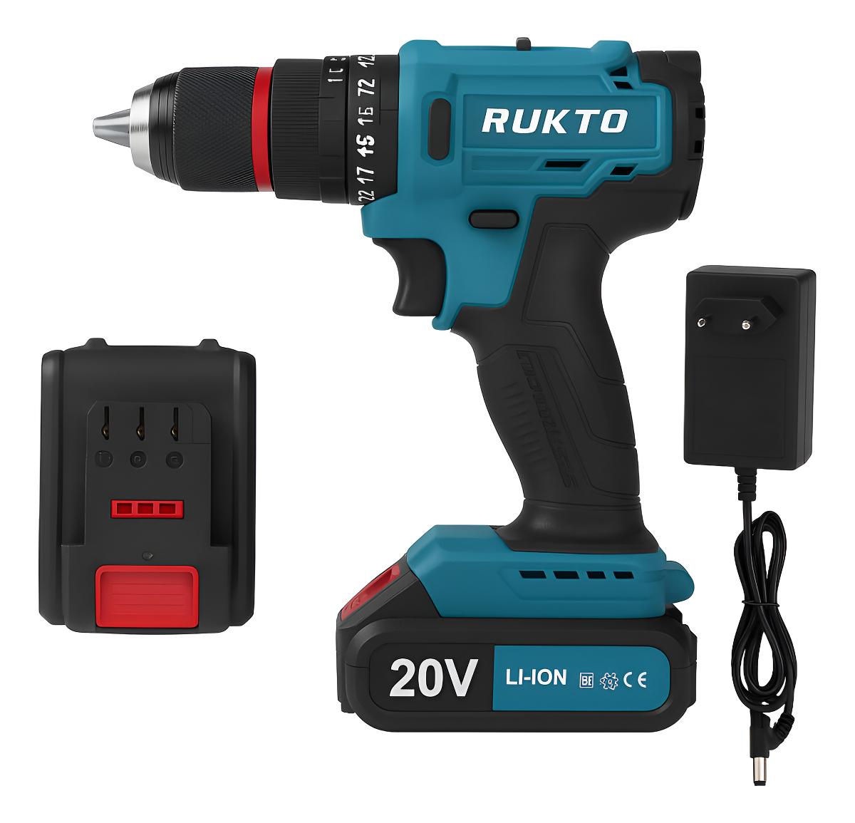 Taladro Atornillador Percutor 20v Litio Rukto 25 Accesorios