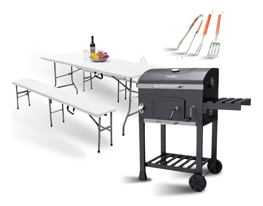 Kit Barbacoa Kmcc008b +mesa +2 Bancos + Accesorios De Regalo