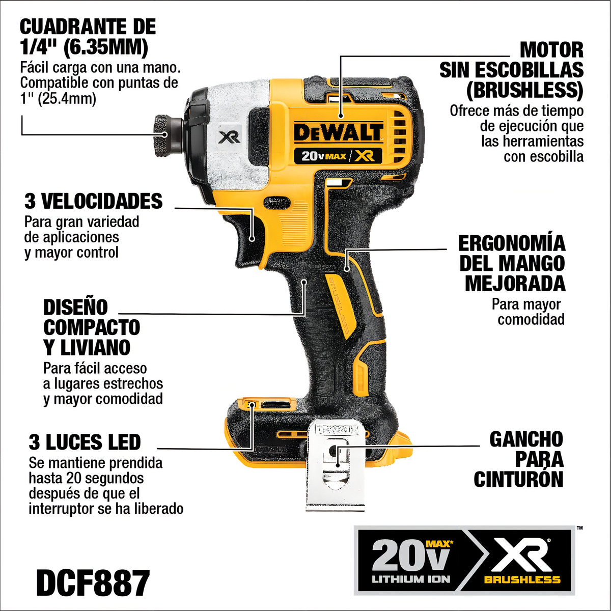 Atornillador De Impacto Dewalt Dcf887m2-b2 1/4 Sin Carbones - Imagen 4