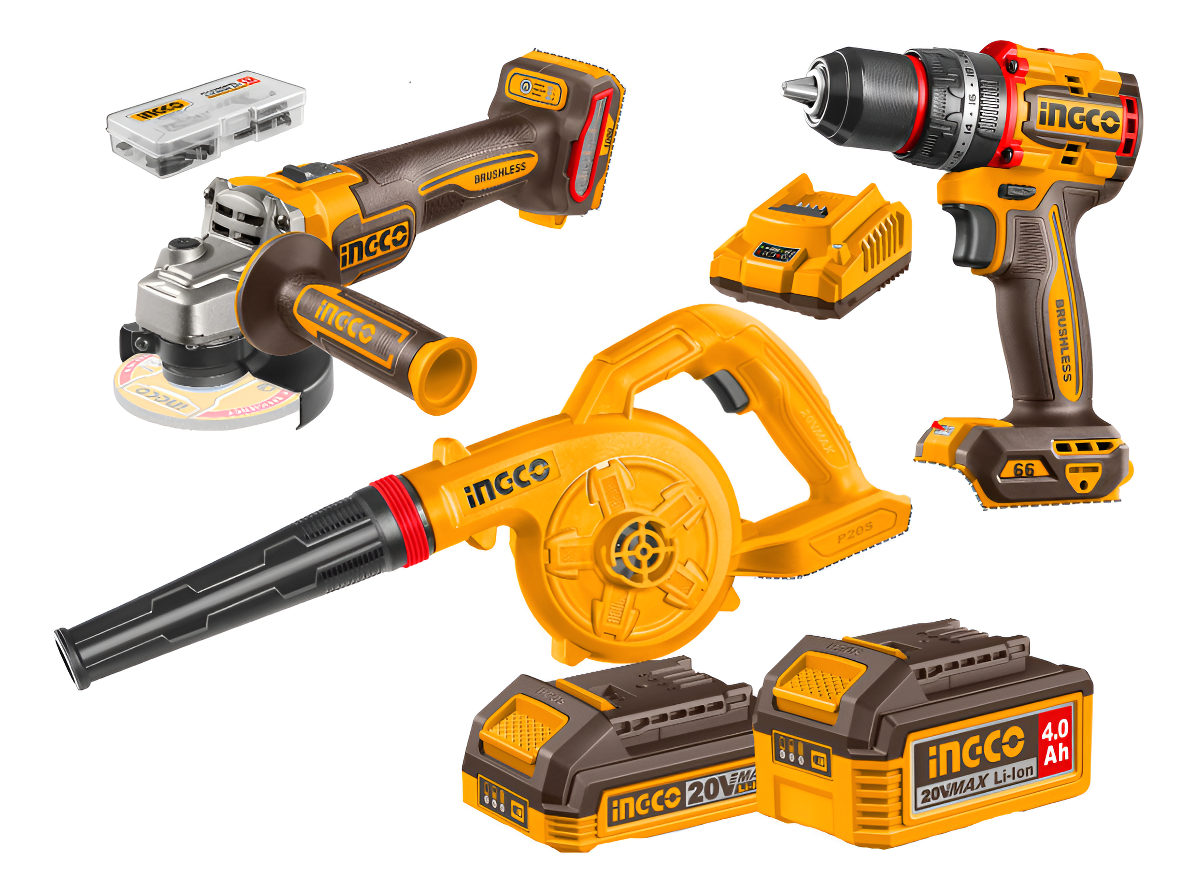 Kit Combo A Bateria 20v Ingco Sopladora Amoladora Taladro