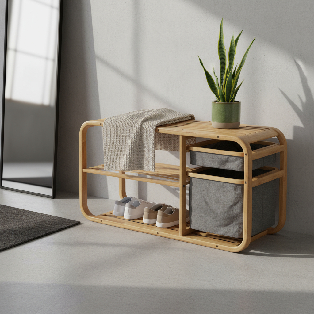 Banco Taburete Con Almacenaje Organizador Bambu 90x30x44cms