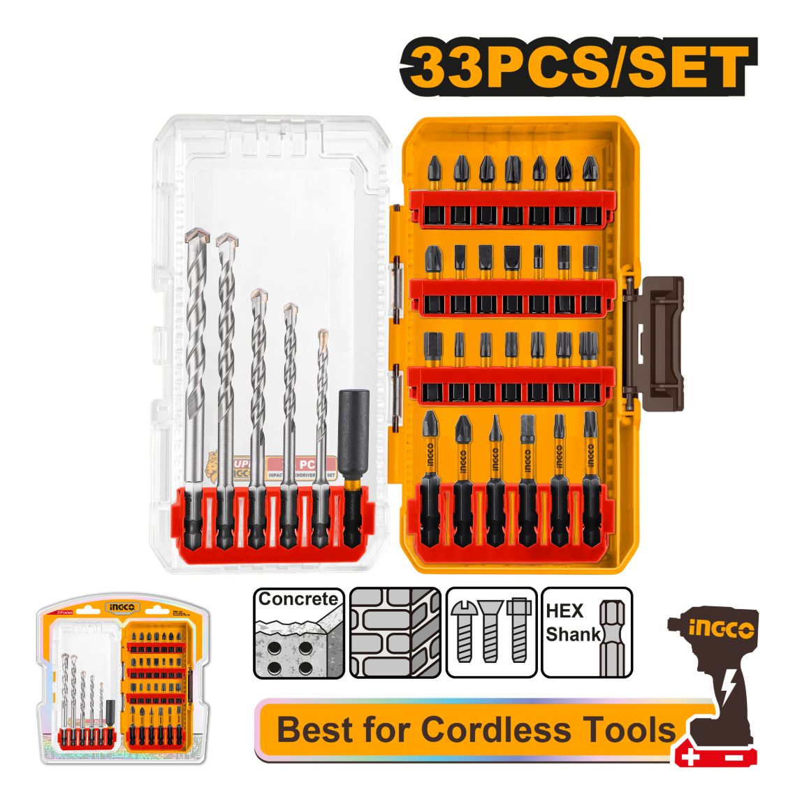 Set X33 Pcs Mechas Mamposteria Puntas Ingco Akdl11303 - Imagen 3