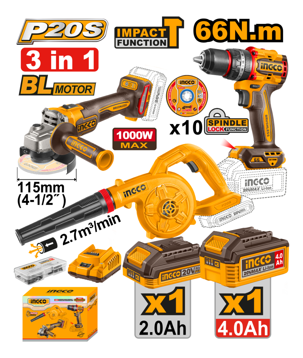 Kit Combo A Bateria 20v Ingco Sopladora Amoladora Taladro - Imagen 3