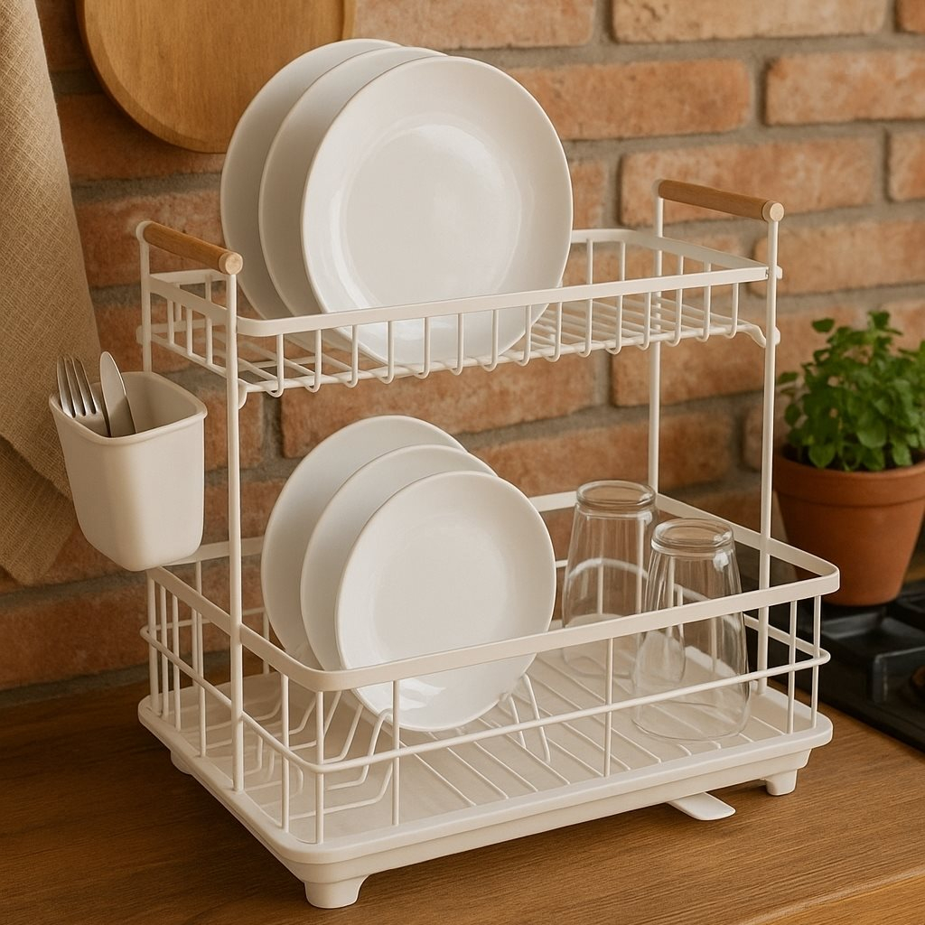 Escurridor Metal 2 Niveles Con Asas Madera Y Bandeja - Imagen 2