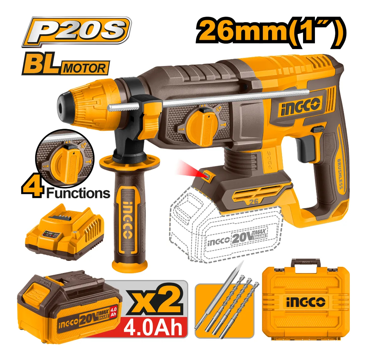 Rotomartillo Brushless Valija Y Accesorios Ingco Crhli202682 - Imagen 2