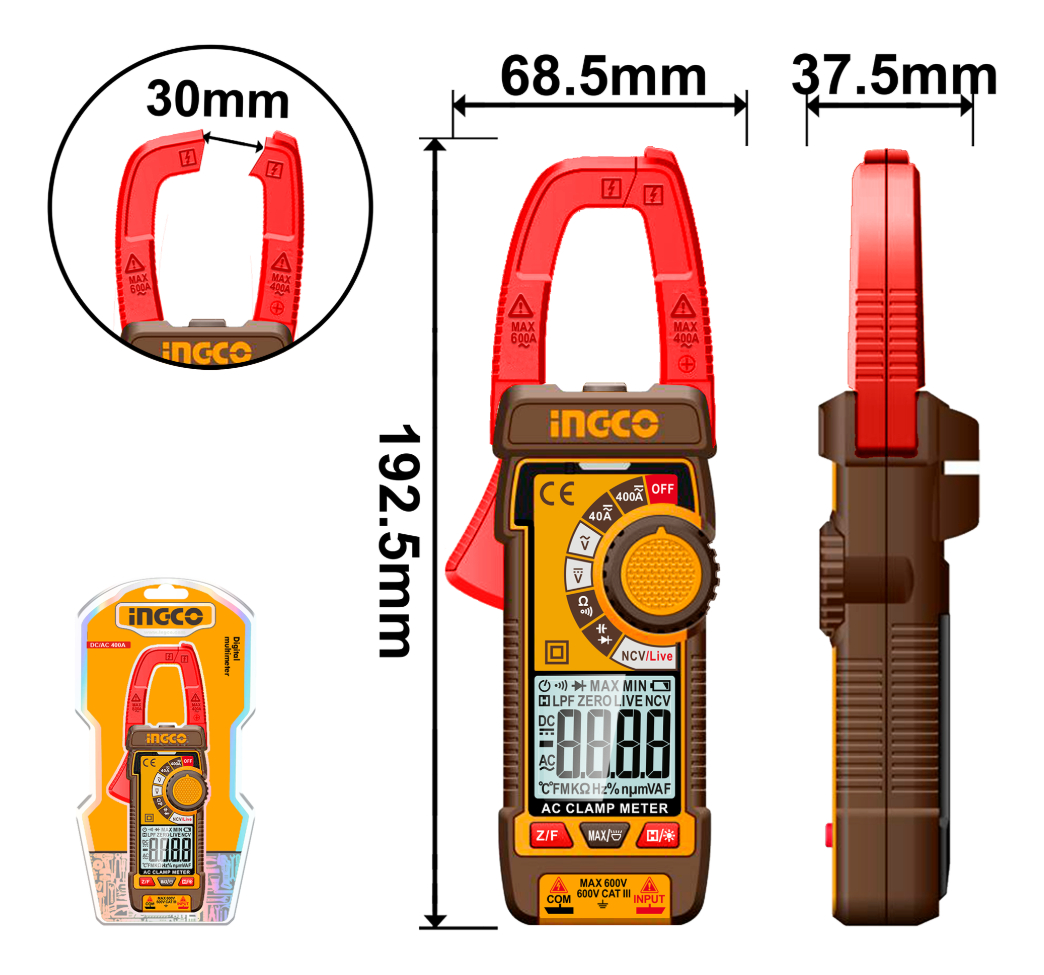 Tester Pinza Amperimetrica Multimetro 400a Digital Ingco - Imagen 2