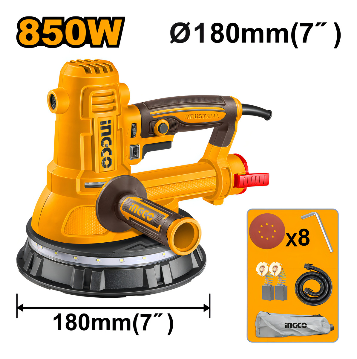 Lijadora De Yeso 850w 180mm 7 + Accesorios Ingco Dws10508 Color Amarillo