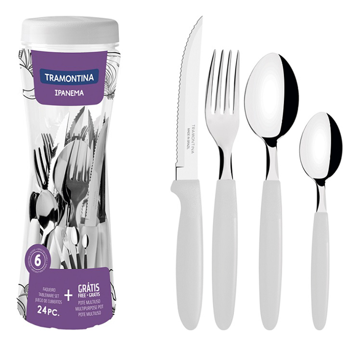 Juego Cubiertos En Pote Tramontina 24 Piezas Blanco Ipanema
