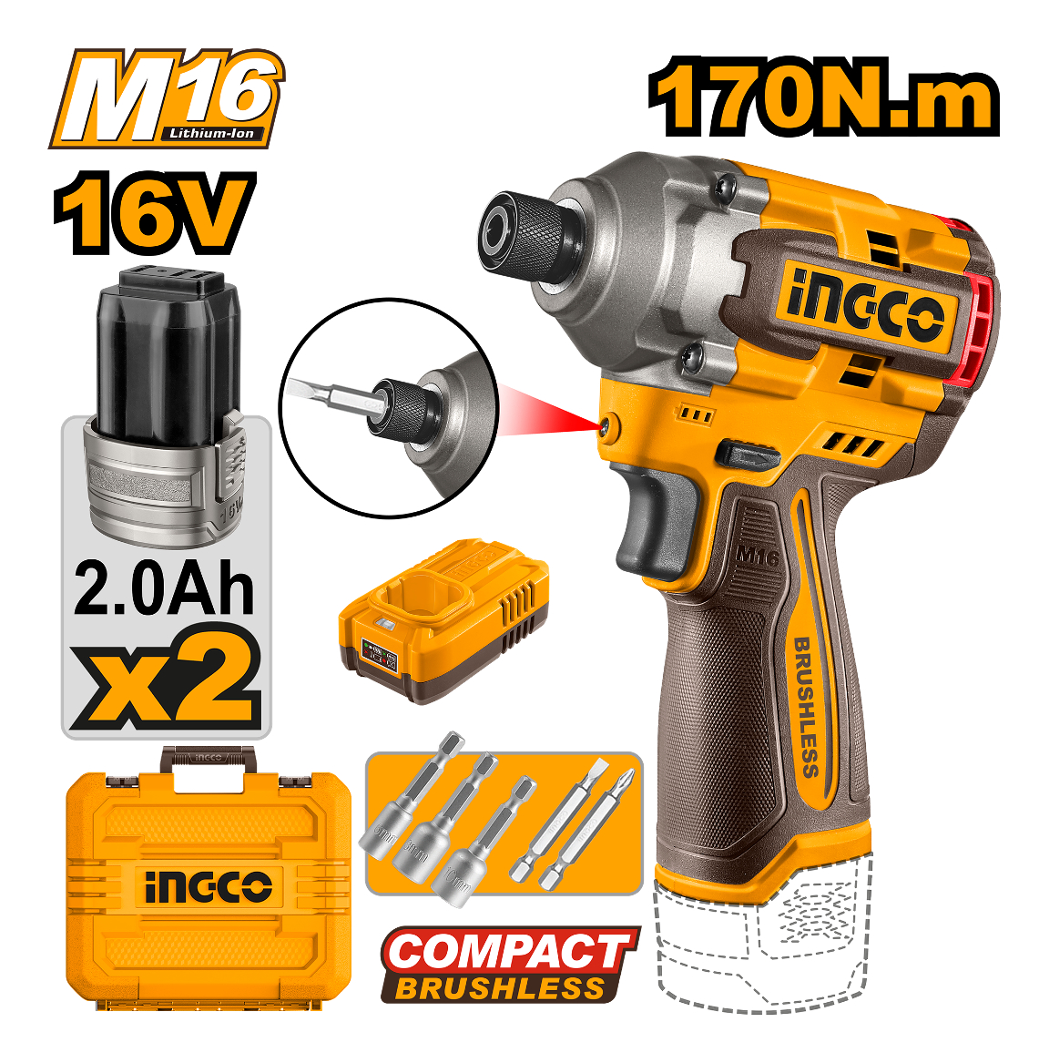 Atornillador De Impacto 16v C/2 Bateria Y Accesorios Ingco - Imagen 3
