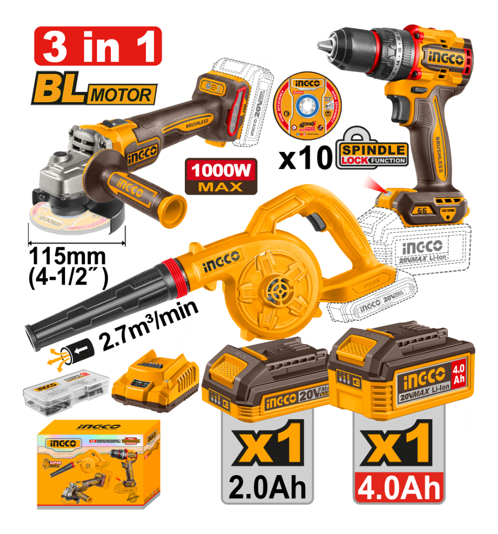 Kit Combo A Bateria 20v Ingco Sopladora Amoladora Taladro - Imagen 2