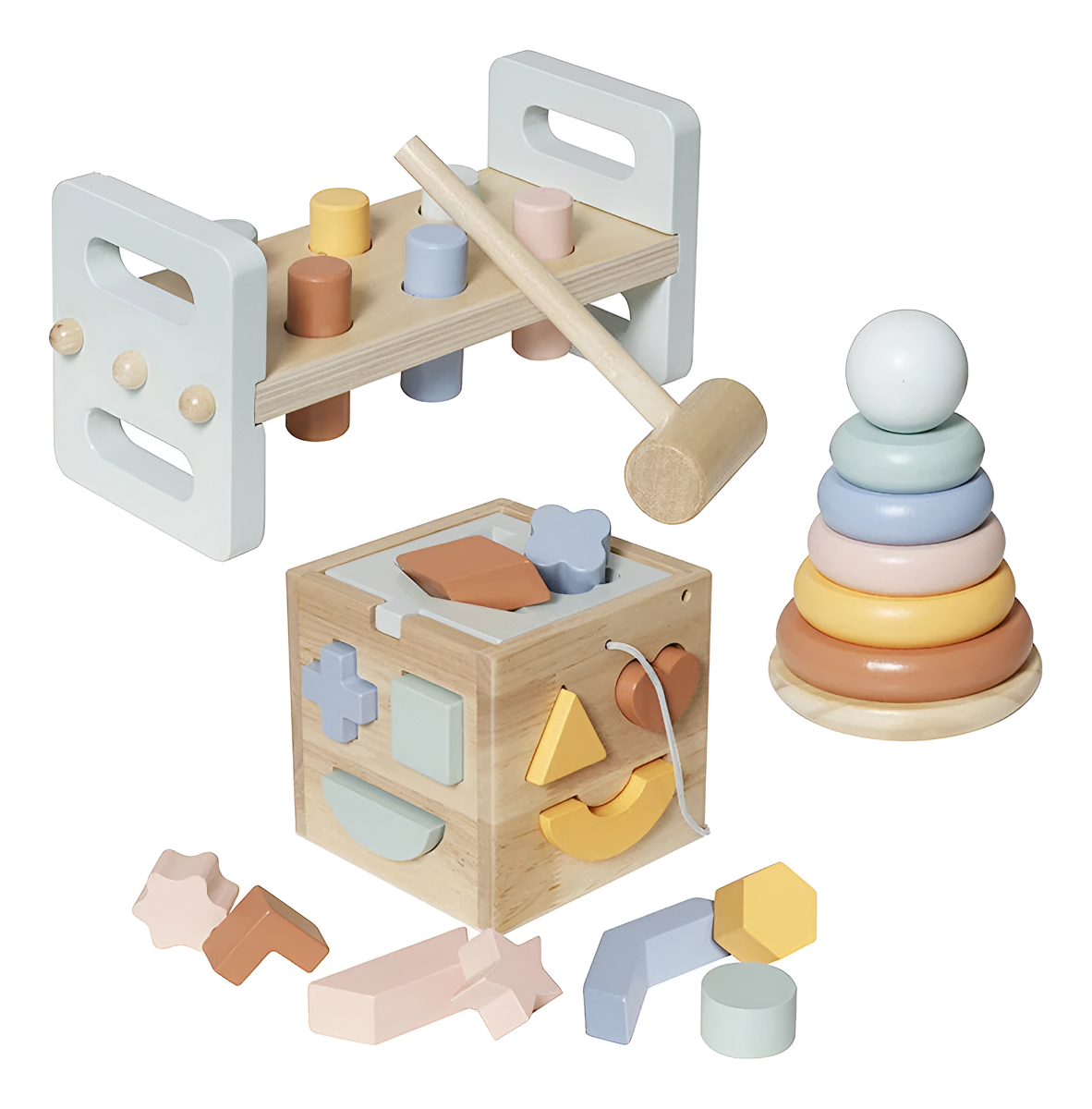 Juego De Encastre Infantil En Madera 3 En 1 Banco Cubo Aros