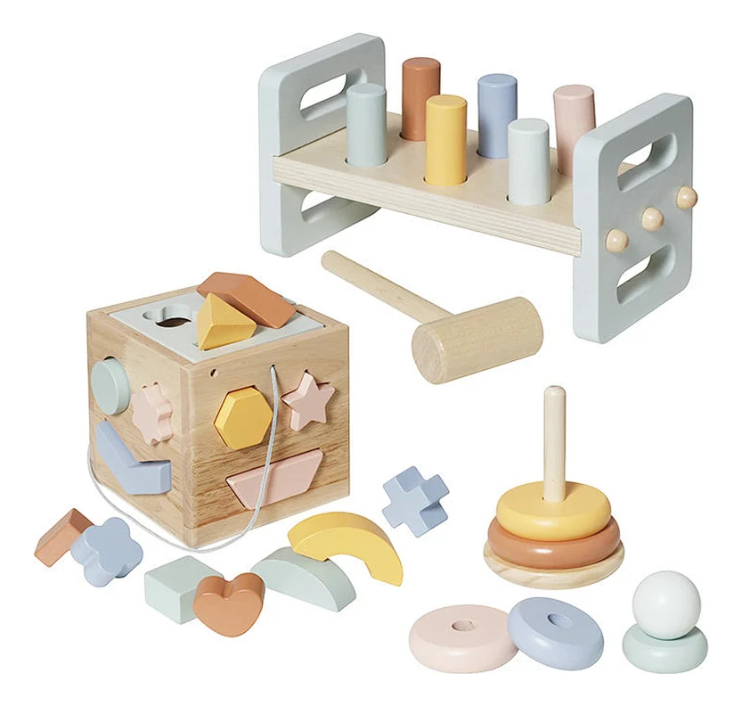 Juego De Encastre Infantil En Madera 3 En 1 Banco Cubo Aros - Imagen 2