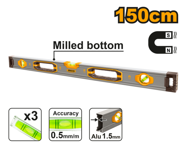 Nivel De Aluminio Magnético 150cm Industrial Ingco Hsl38150m - Imagen 3