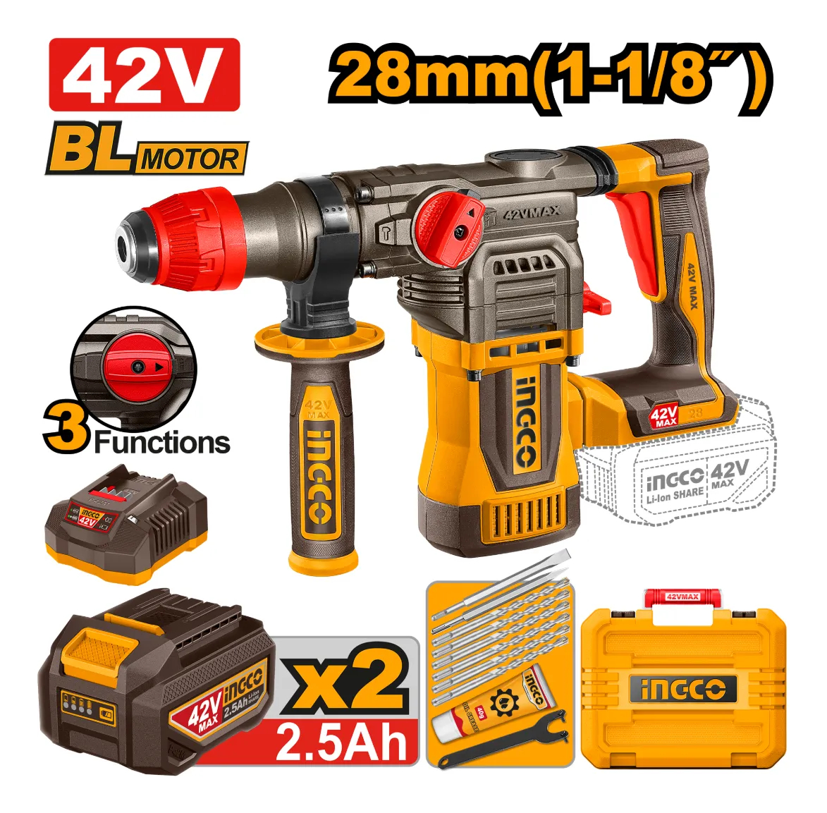 Rotomartillo 42v 28mm 1-1/8 4.5j Acc Ingco Crhli422882 - Imagen 2