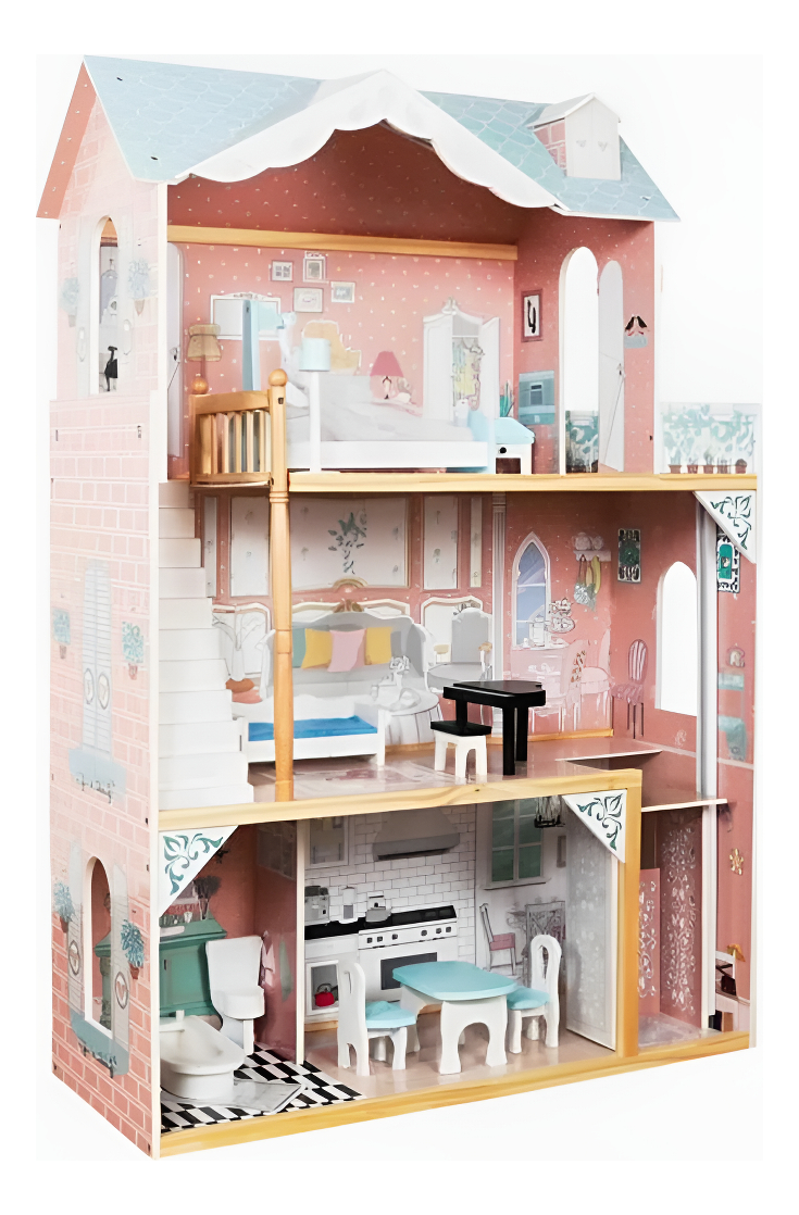 Casa De Muñecas En Madera Con Muebles