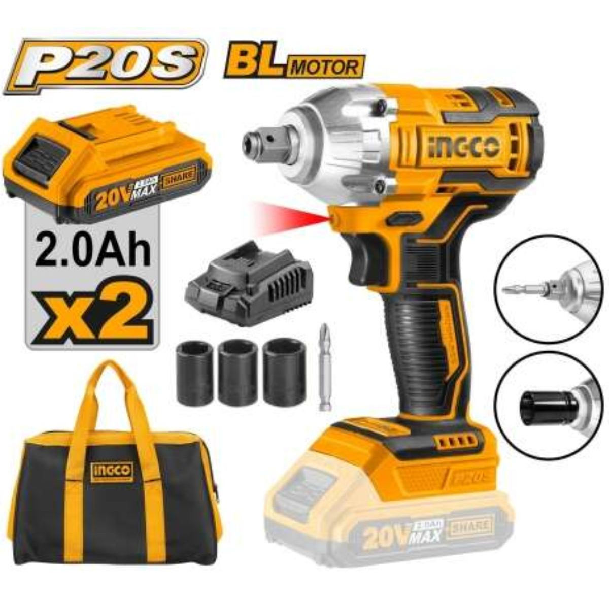 Llave De Impacto Atorn Impacto 2 En 1 Bateria 20v P20s Ingco - Imagen 2