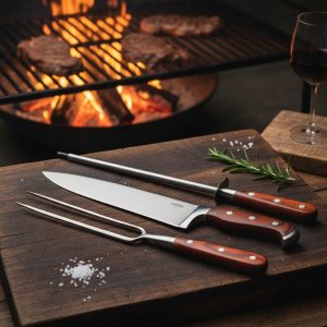 Kit Juego Asado Cuchillo + Tenedor + Chaira 3 Piezas Premium