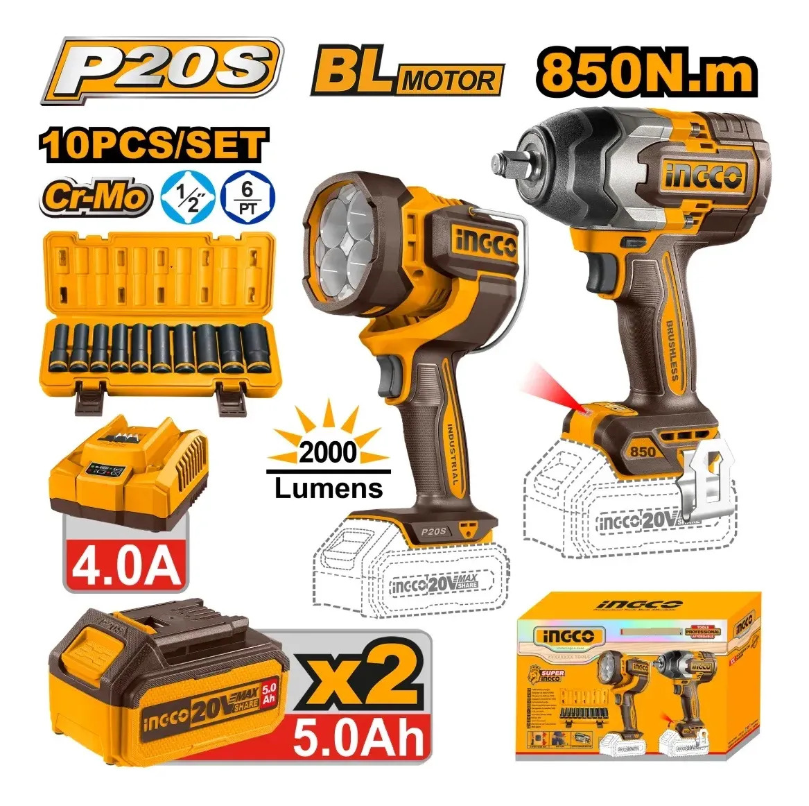 Kit Combo Bateria 20v Llave De Impacto Linterna Dados Ingco - Imagen 3