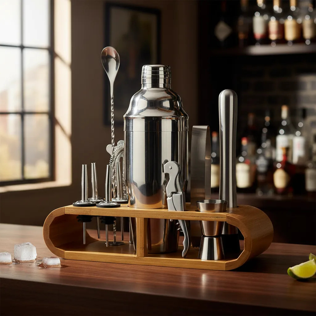 Set De Cocteleria Acero Inoxidable Con Base De Madera - Imagen 3