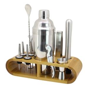 Set De Cocteleria Acero Inoxidable Con Base De Madera