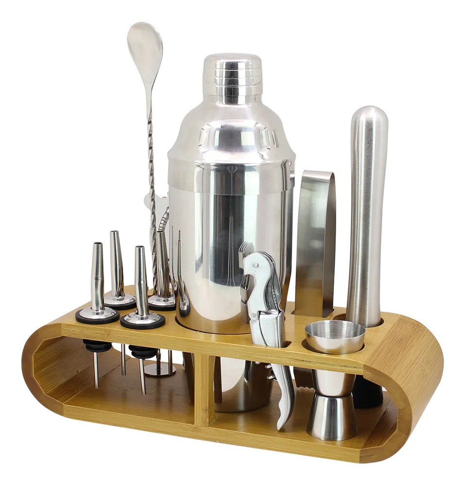 Set De Cocteleria Acero Inoxidable Con Base De Madera