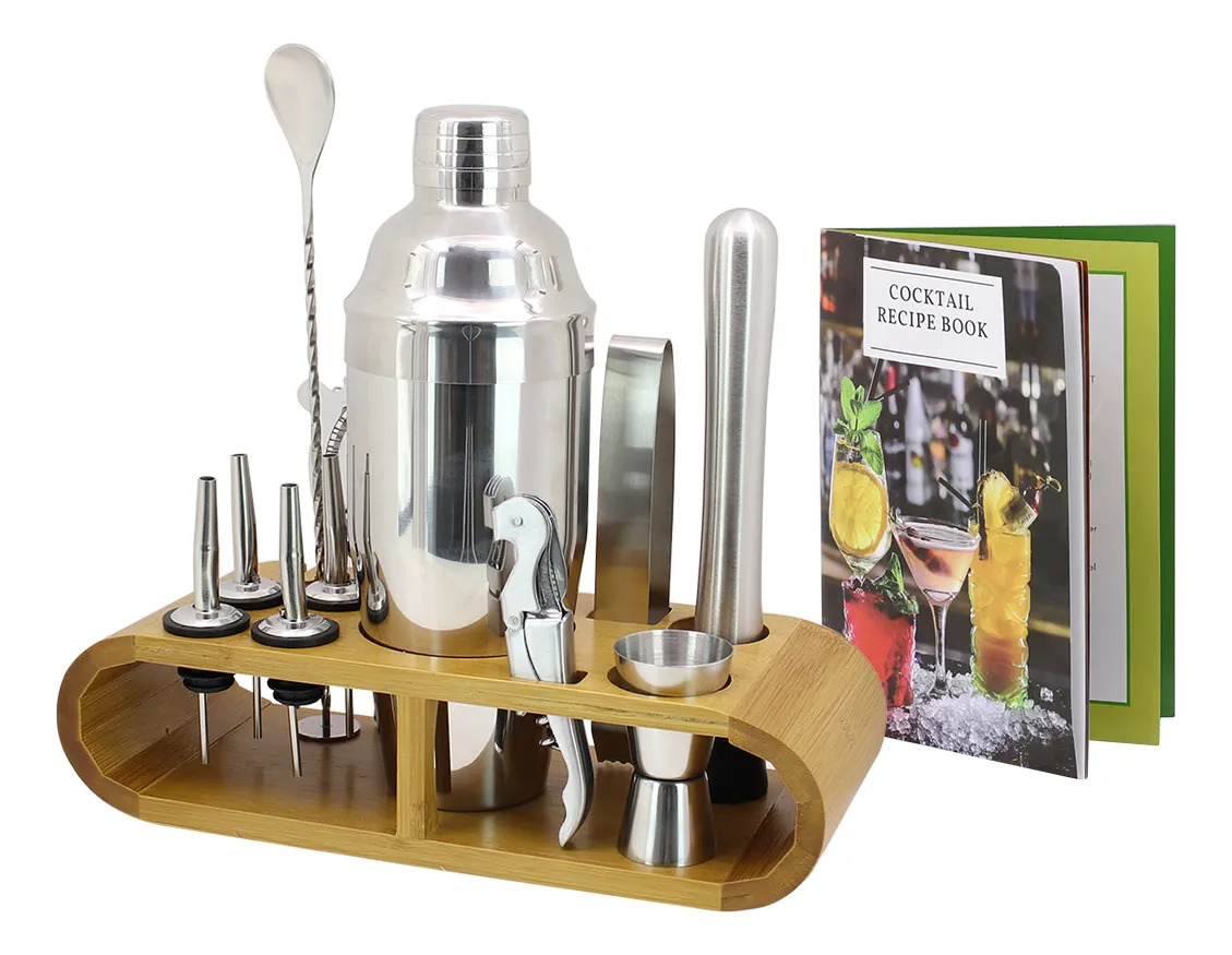 Set De Cocteleria Acero Inoxidable Con Base De Madera - Imagen 2
