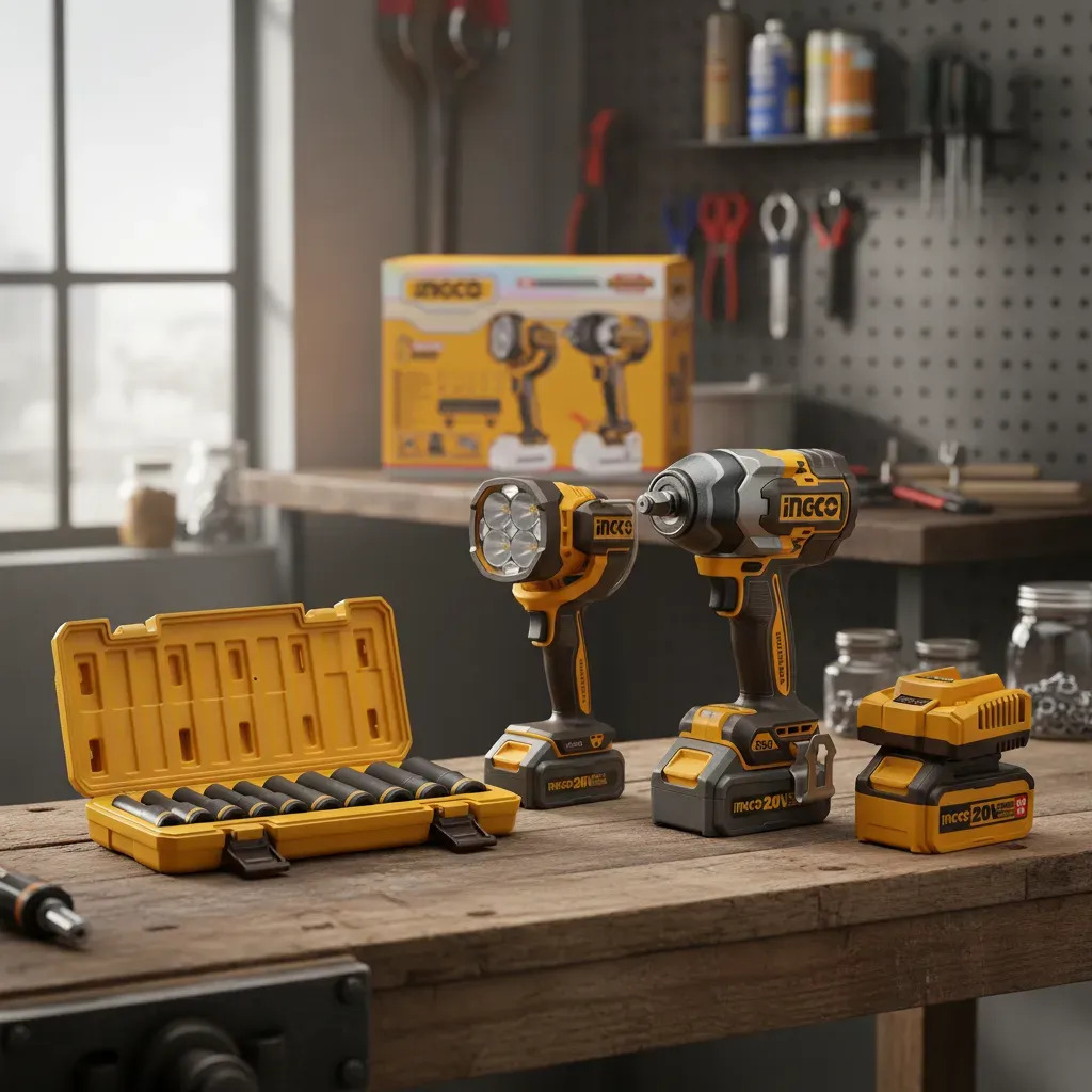 Kit Combo Bateria 20v Llave De Impacto Linterna Dados Ingco - Imagen 2