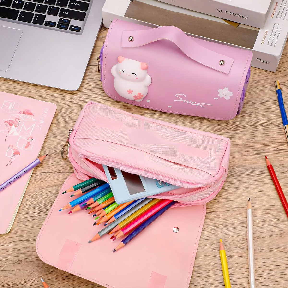 Cartuchera Escolar Kawaii Gatito 3d 2 Cierres Infantil Atrix Color Rosado - Imagen 6