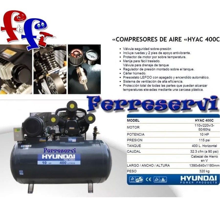 Ff Compresor Aire Hyundai 10 Hp Trifasico 400 Lts Industrial - Imagen 2