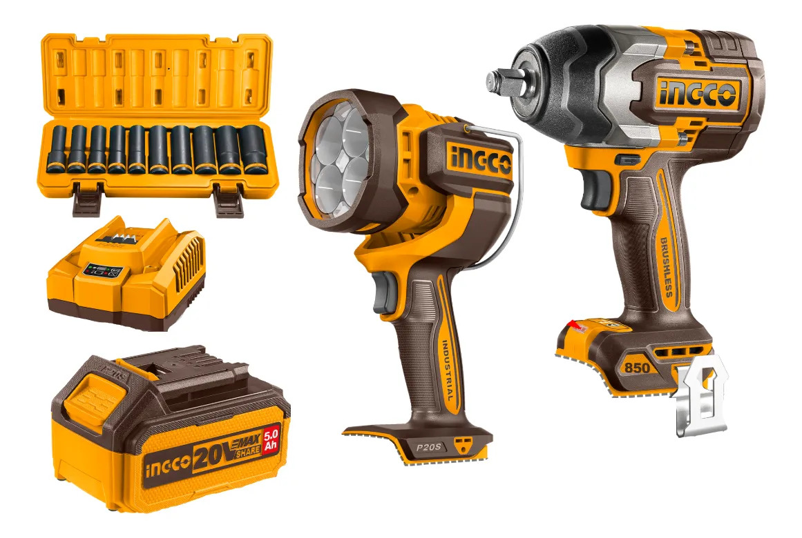 Kit Combo Bateria 20v Llave De Impacto Linterna Dados Ingco