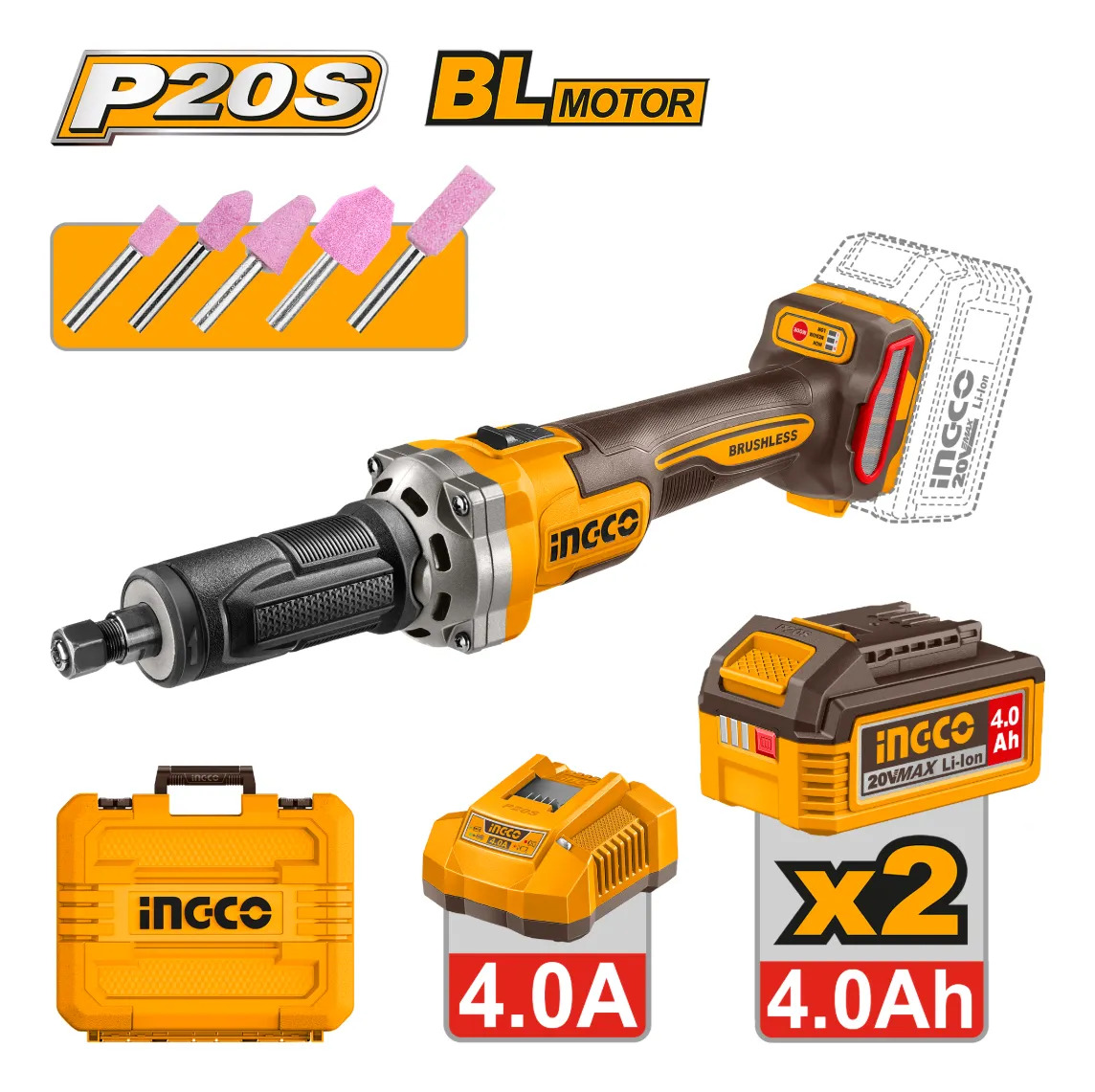 Amoladora Recta 20v Puntas 2 Bat 4.0ah Ingco Cdgli20012 - Imagen 2