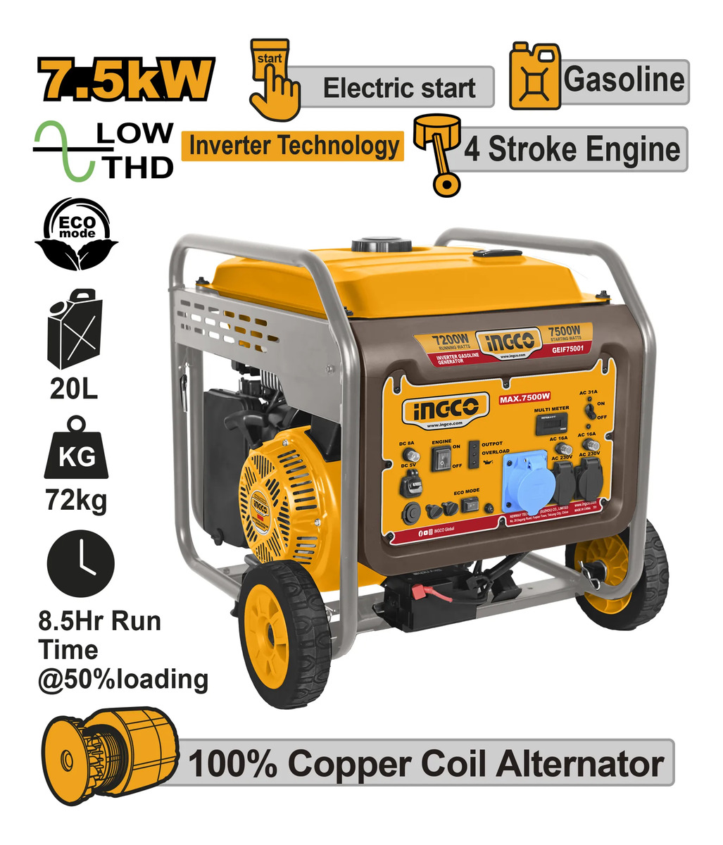 Generador A Gasolina Inverter 7.5kw Ingco Geif75001 - Imagen 2