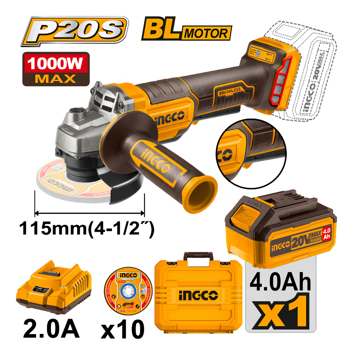 Amoladora Ingco 20v Con Bateria Y Accesorios Cagli2111561 - Imagen 2